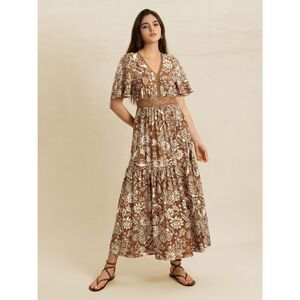 Cute Floral Ditsy Dress Nuetral Deep Tan Lace Waist Feminine Western Vibe sz XL